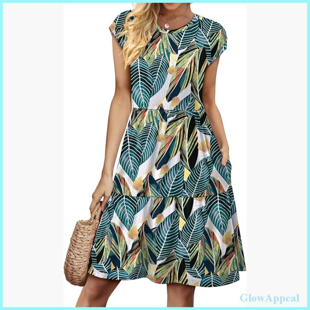 Knee-Length Tiered Sundress with Pockets, Cap Sleeves, Lightweight Fabric